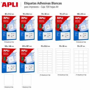 ETIQUETAS ADHESIVAS BLANCAS APLI PARA IMPRESORA (Caja 100 Hojas A4)